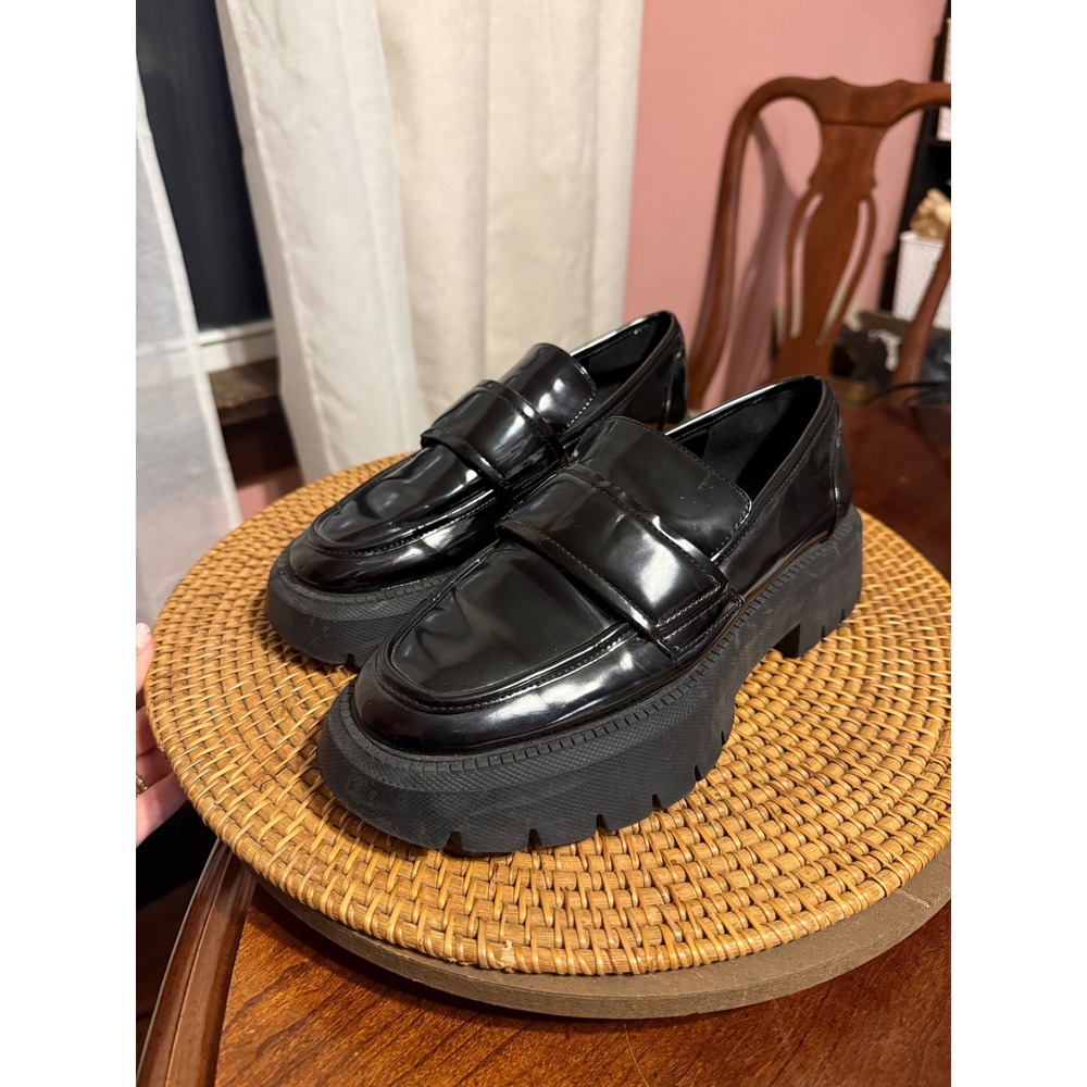 Zara Black Patent Lug Sole Loafers Chunky Platform Penny Shoes 36